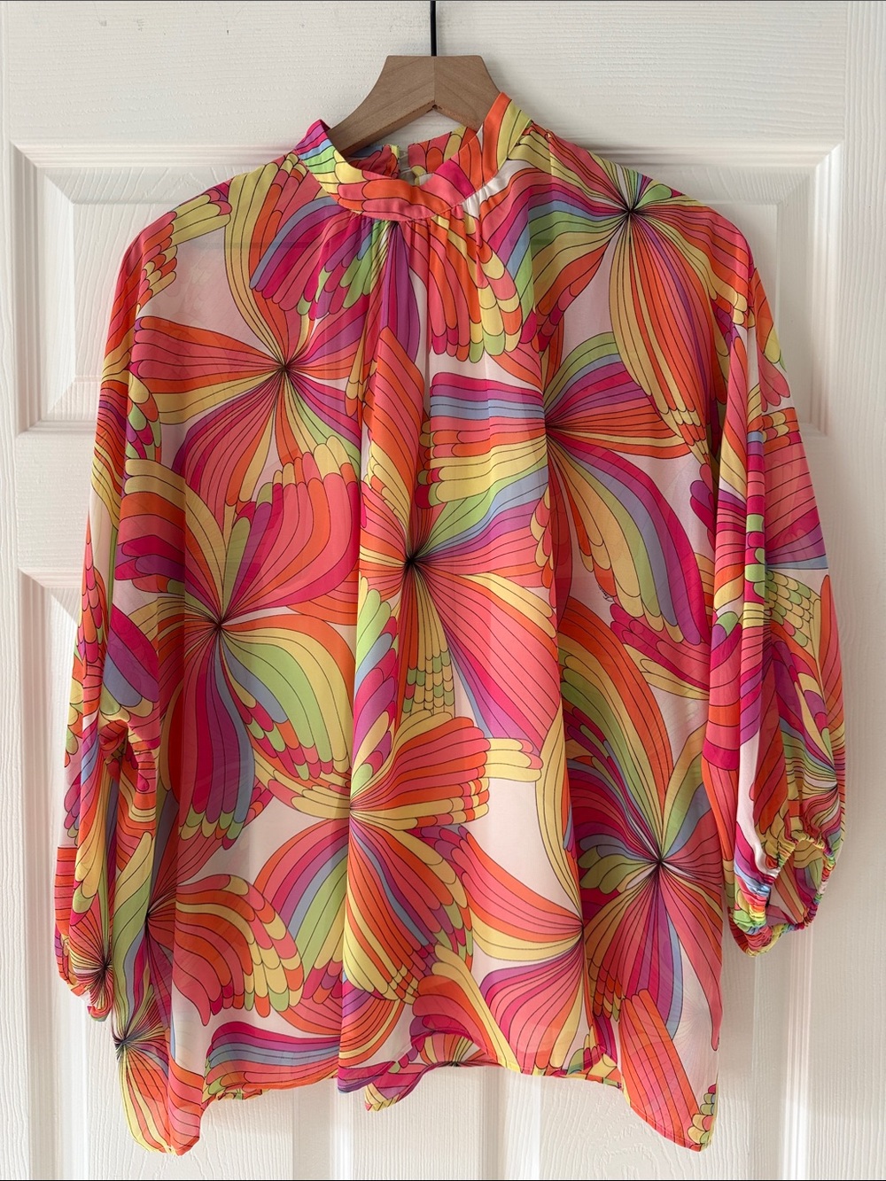 Trina Turk "Rhyme" High-Neck Psychedelic Multicolor Print Balloon-Sleeve Blouse